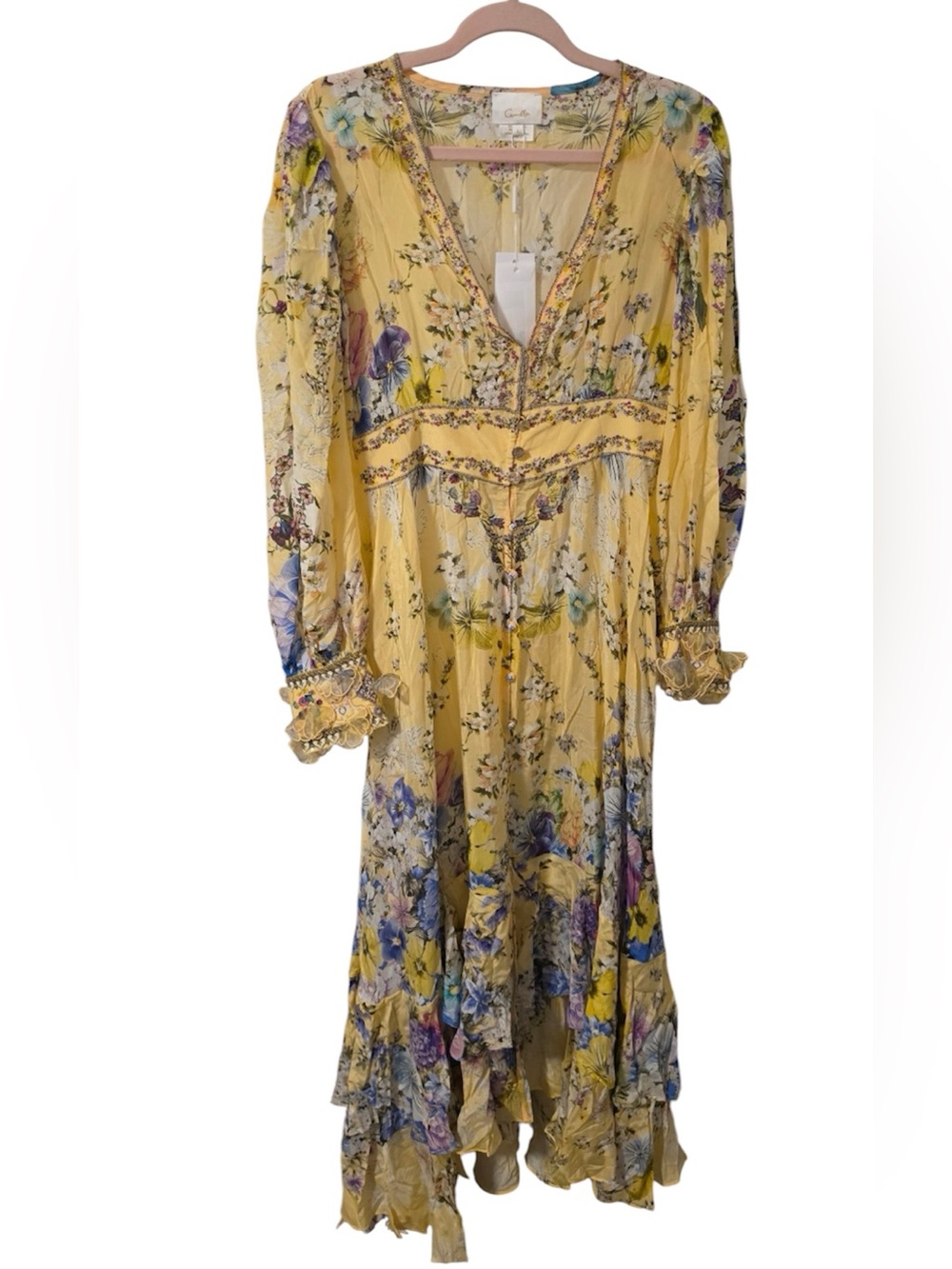 NWT Camilla Darling Buds Embellished Floral Silk Crêpe Maxi Dress Size Large